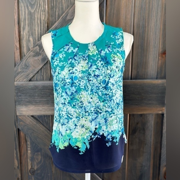 New York & Company Blouse Ombre Floral Pattern Pleated Neckline Zip Up Blue XS - Picture 1 of 5